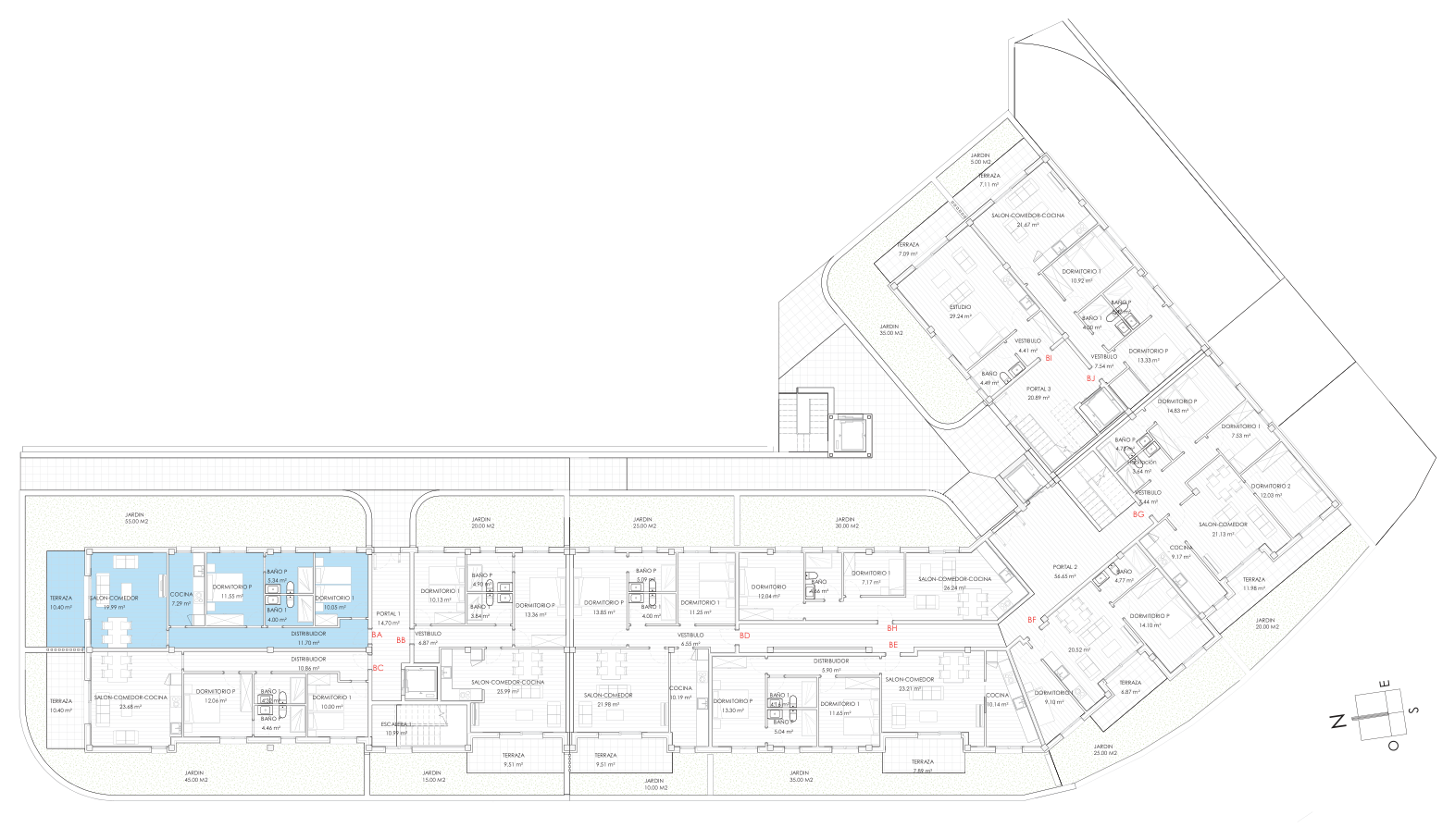 Plano de conjunto - vivienda BA destacada Plano de planta baja con la vivienda BA resaltada